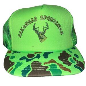 Vintage 80s/90s Green Camo Arkansas Sportsman Hunter Mesh Snapback Trucker Hat